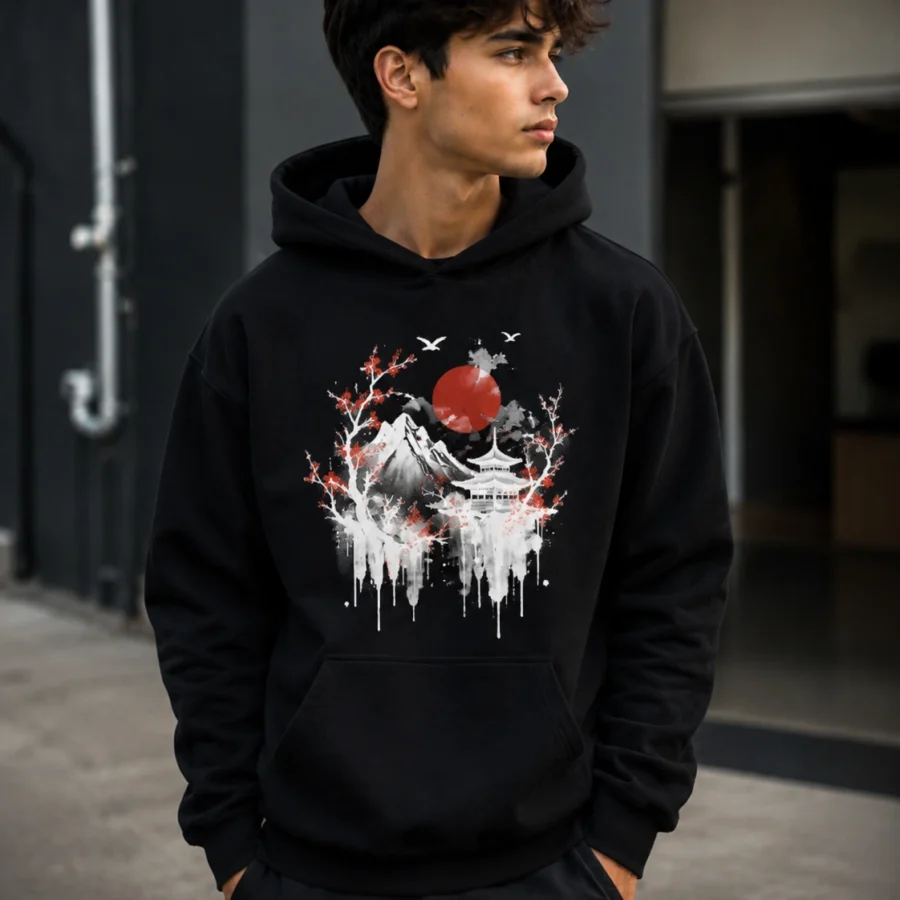 Red Sun Pagoda Graphic Hoodie