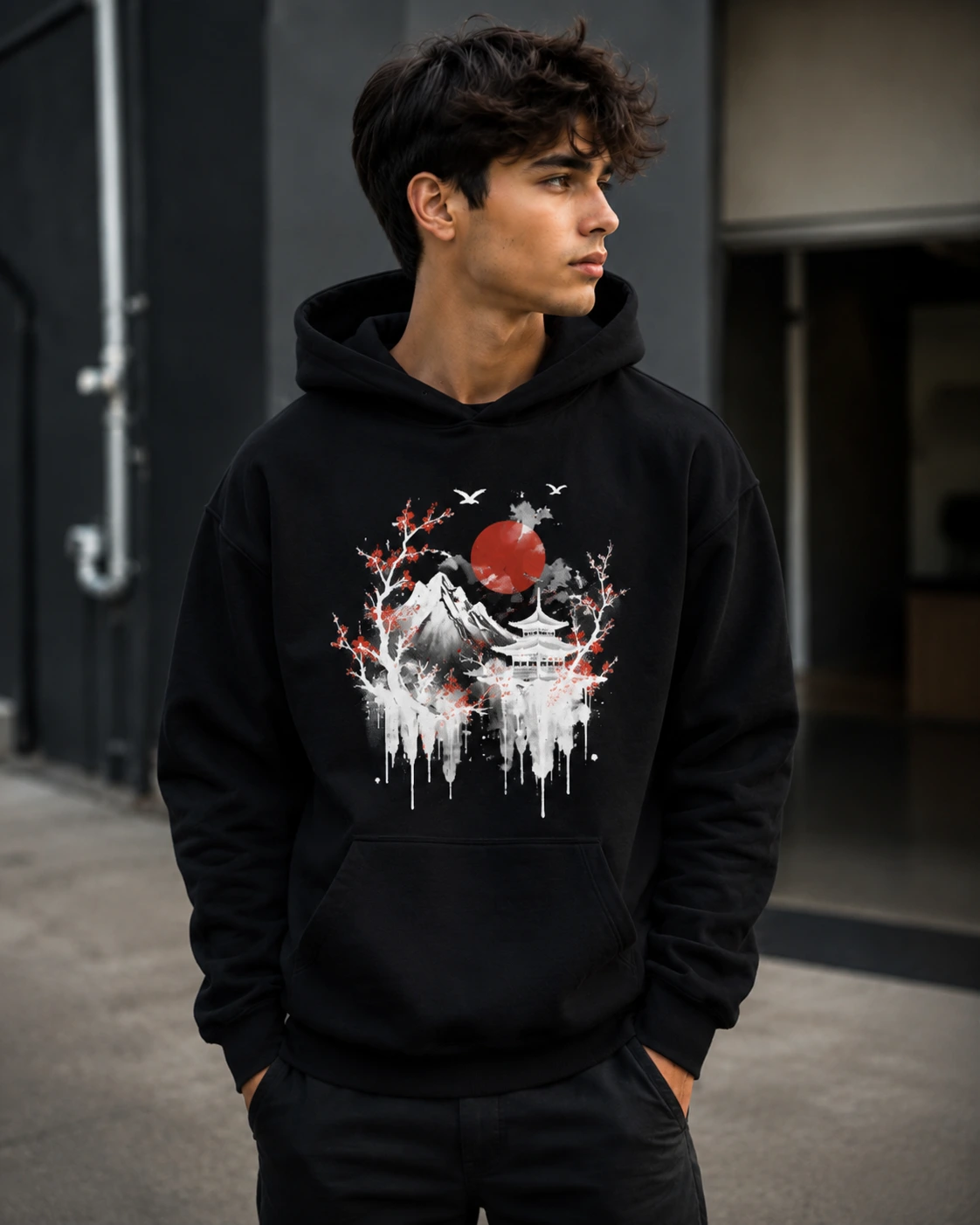 Red Sun Pagoda Graphic Hoodie