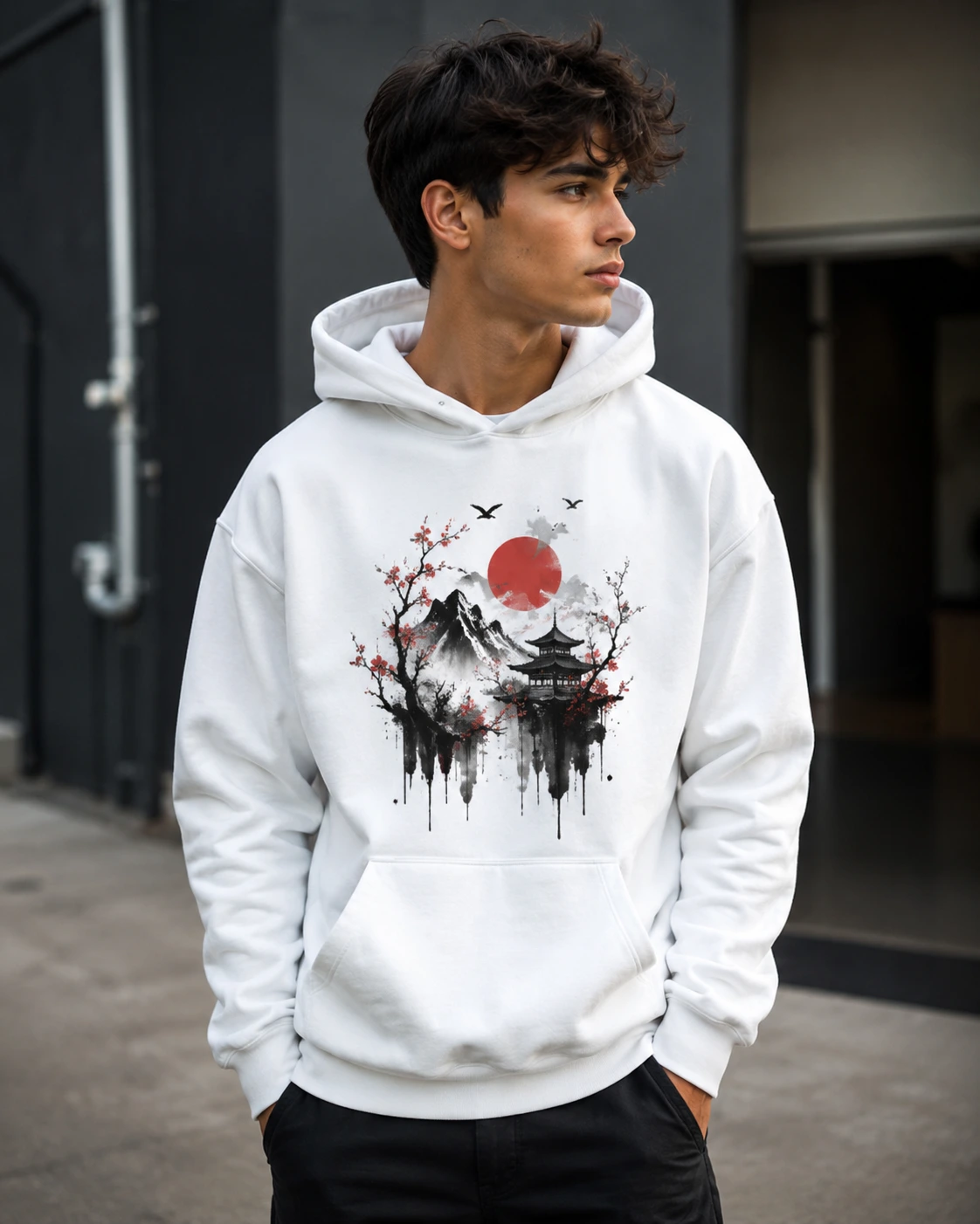 Red Sun Pagoda Graphic Hoodie