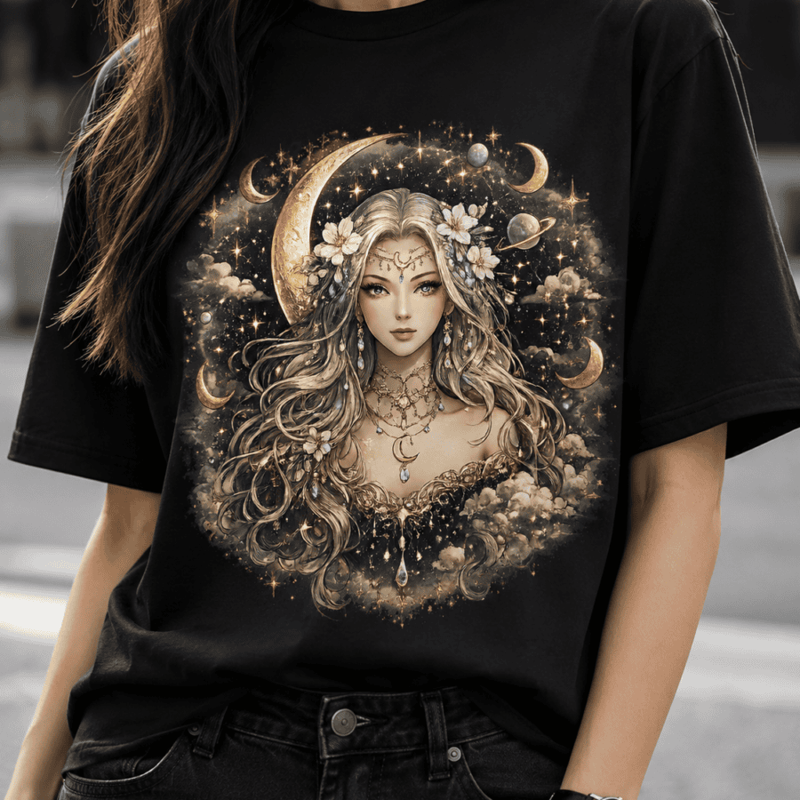 Celestial Moon Goddess Fantasy Graphic T-Shirt for Women