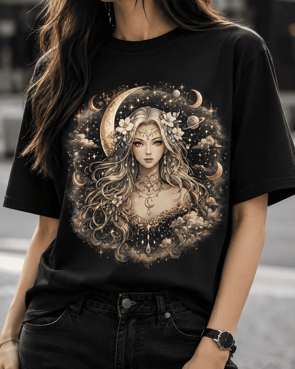 Celestial Moon Goddess Fantasy Graphic T-Shirt for Women