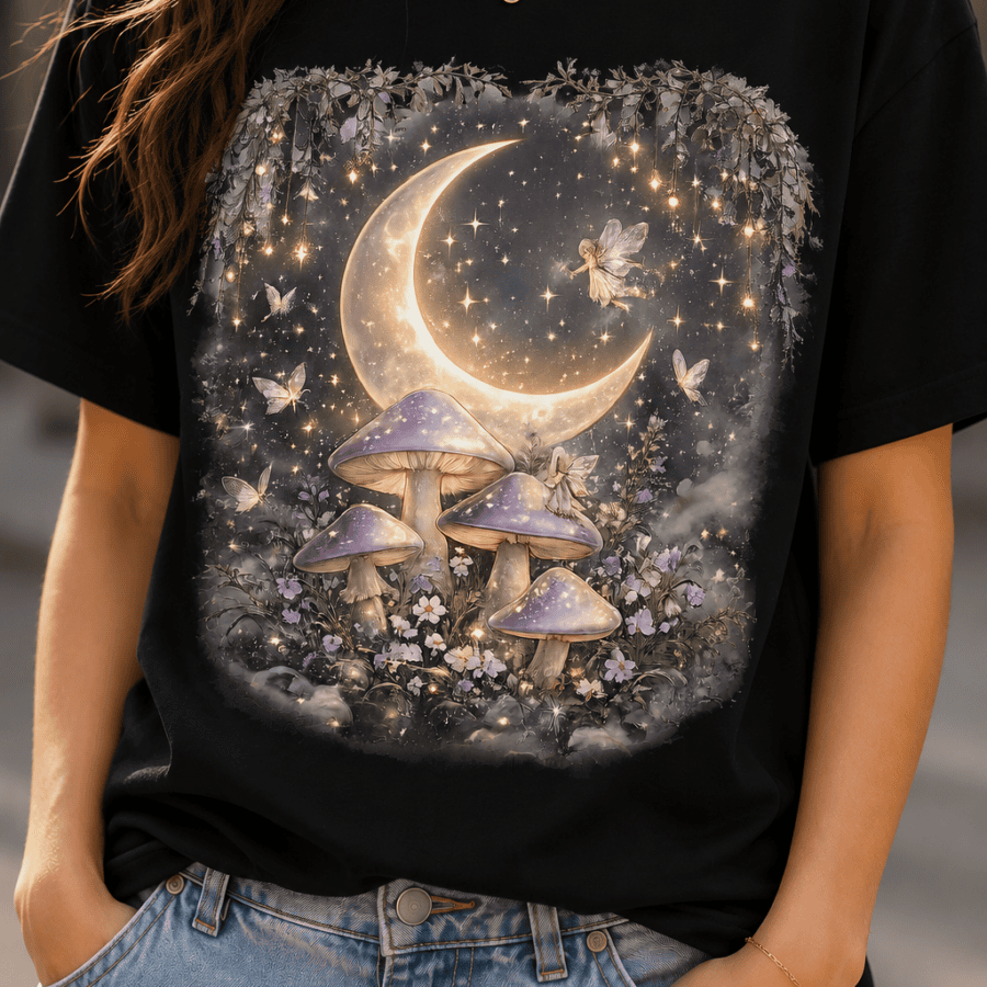 Moonlit Fairy Mushroom Fantasy Graphic T-Shirt for Women