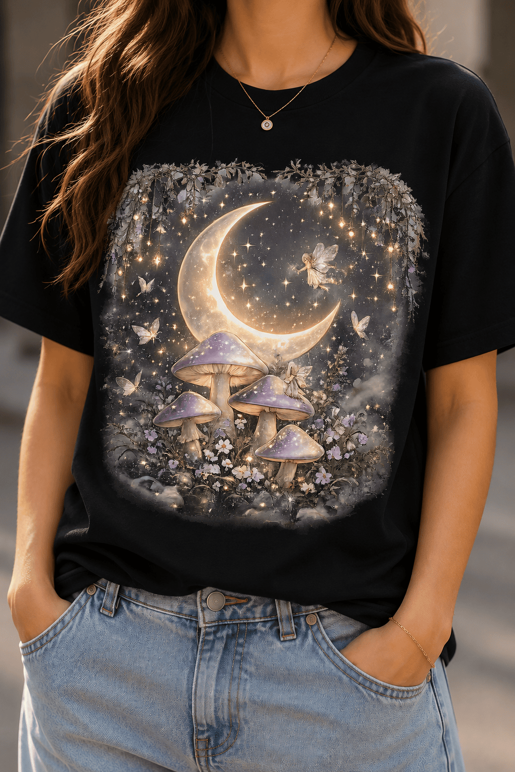 Moonlit Fairy Mushroom Fantasy Graphic T-Shirt for Women