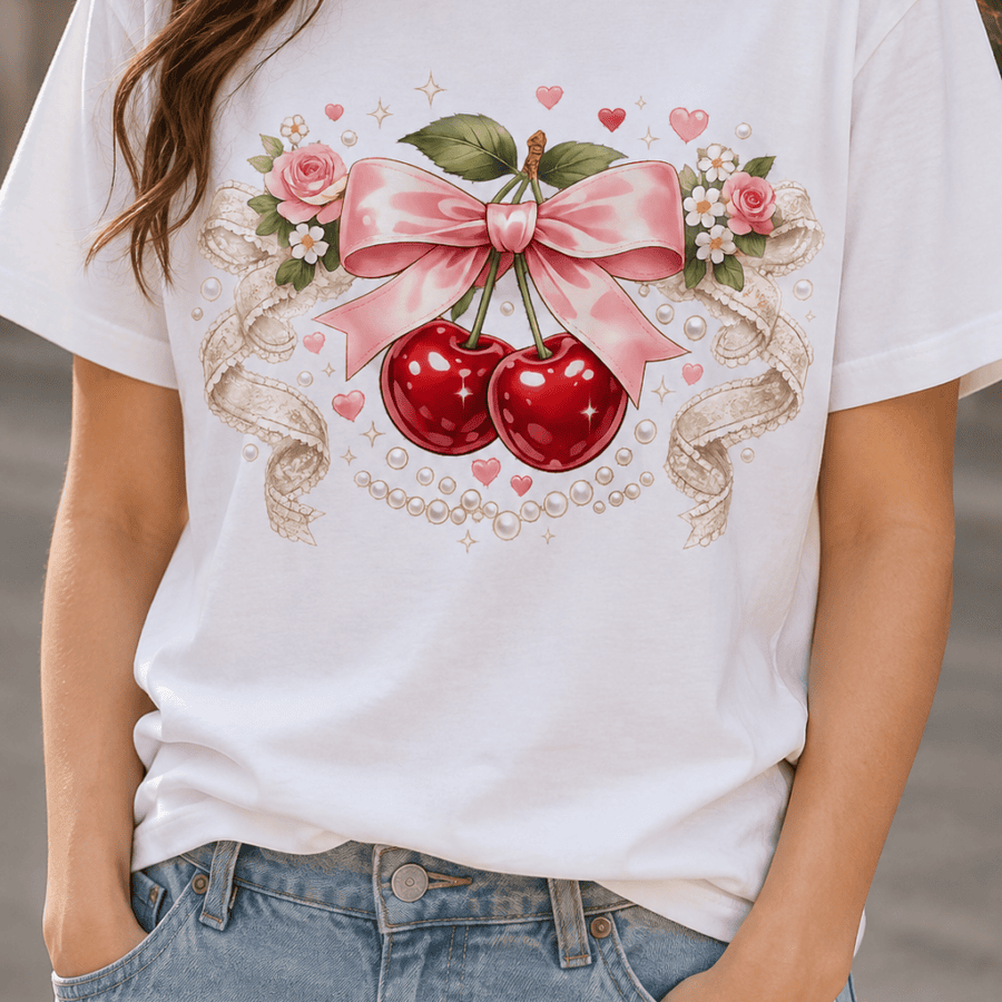 Coquette Cherry Bow Aesthetic Graphic T-Shirt for Women