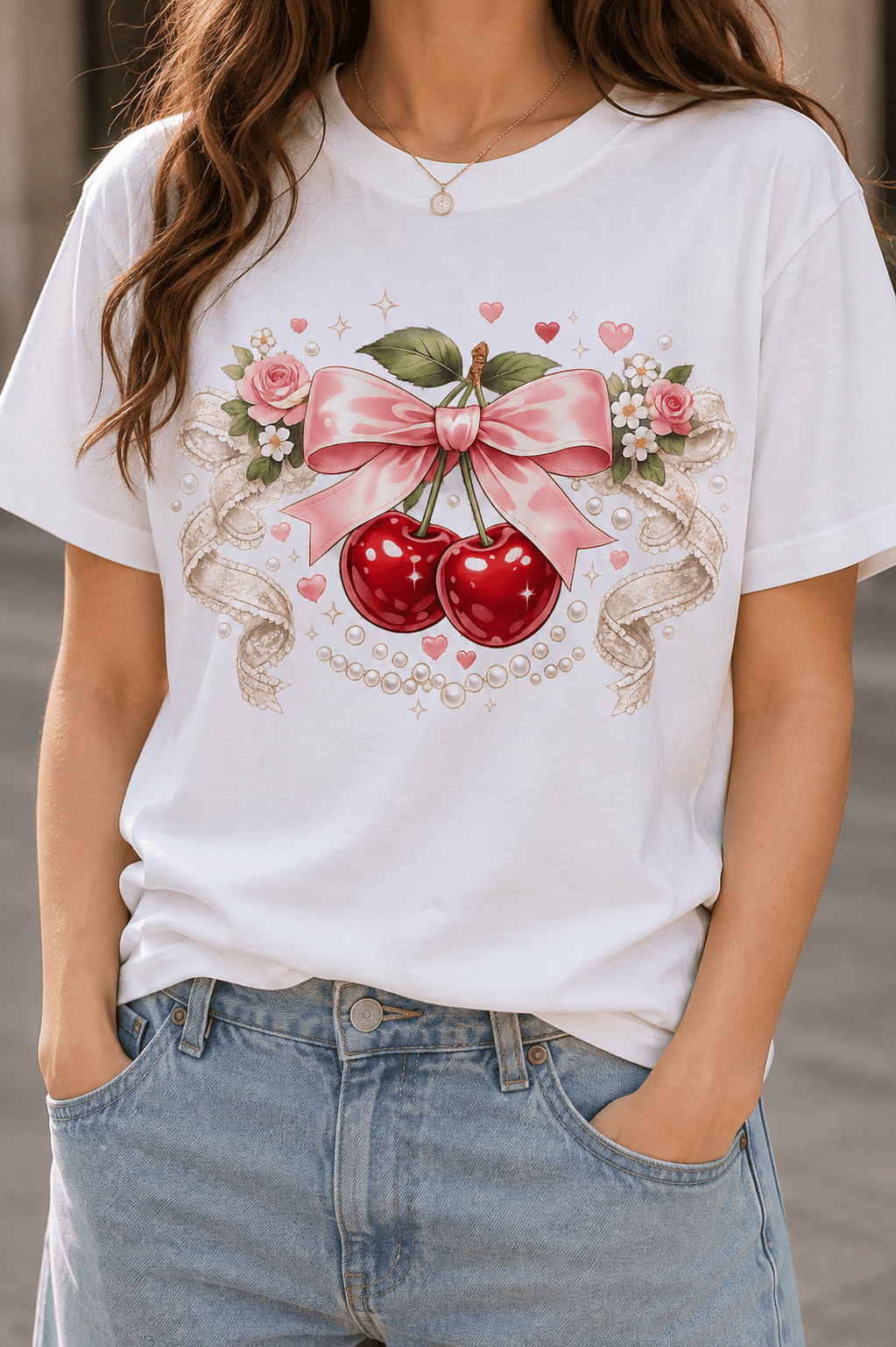 Coquette Cherry Bow Aesthetic Graphic T-Shirt for Women